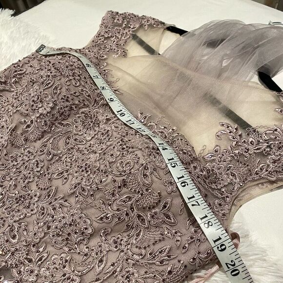 NEW MGNY by Mori Lee Beaded Lace Illusion Neck A-Line Maxi Dress Gown in Dusty L - Picture 4 of 12